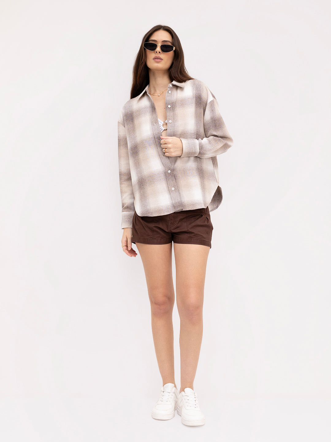 Beige & Brown Fine Weave Broad Checked Oversized Flannel Shirt