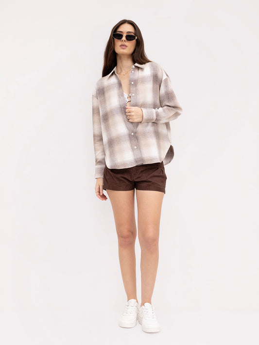 Beige & Brown Fine Weave Broad Checked Oversized Flannel Shirt