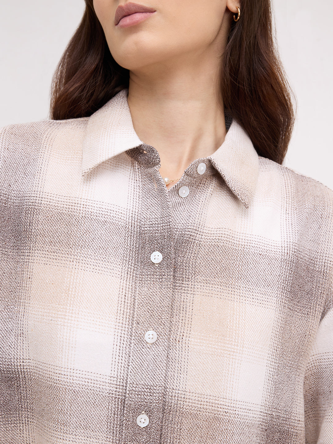 Beige & Brown Fine Weave Broad Checked Oversized Flannel Shirt