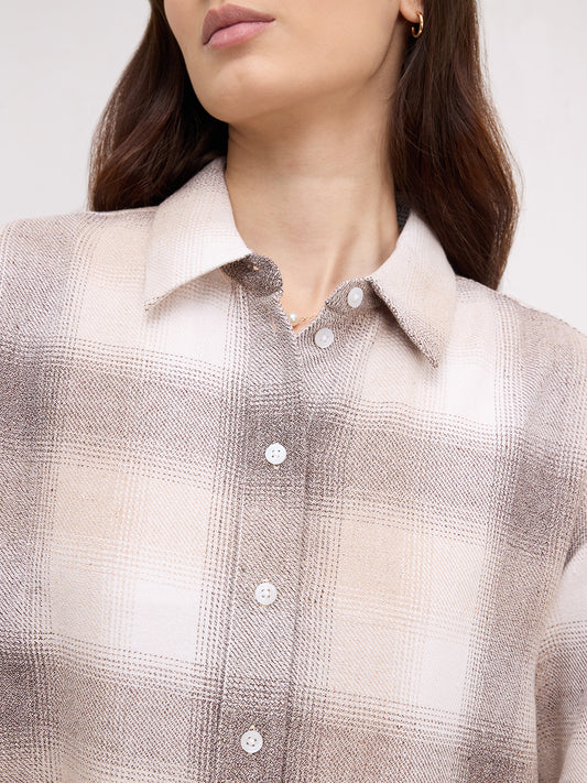Beige & Brown Fine Weave Broad Checked Oversized Flannel Shirt