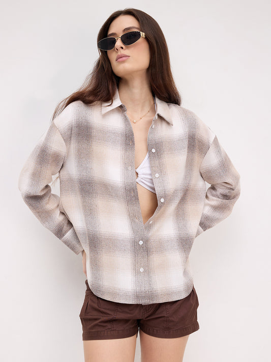 Beige & Brown Fine Weave Broad Checked Oversized Flannel Shirt