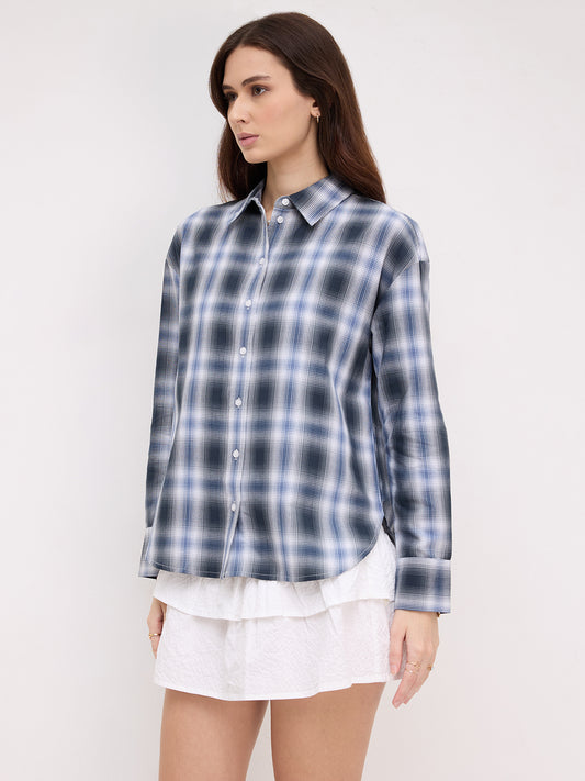 Navy Horizon Checked Oversized Shirt