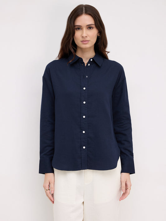 Navy Luxe Herringbone Oversized Shirt