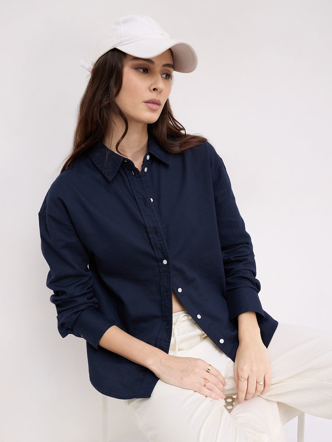 Navy Luxe Herringbone Oversized Shirt