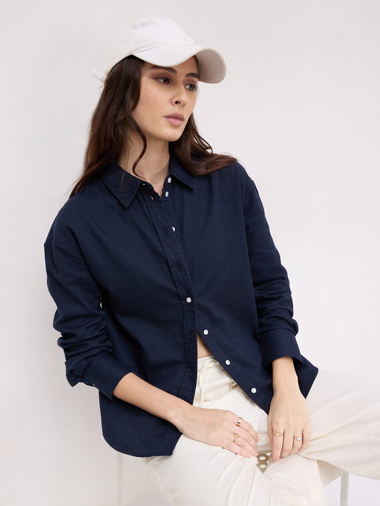 Navy Luxe Herringbone Oversized Shirt