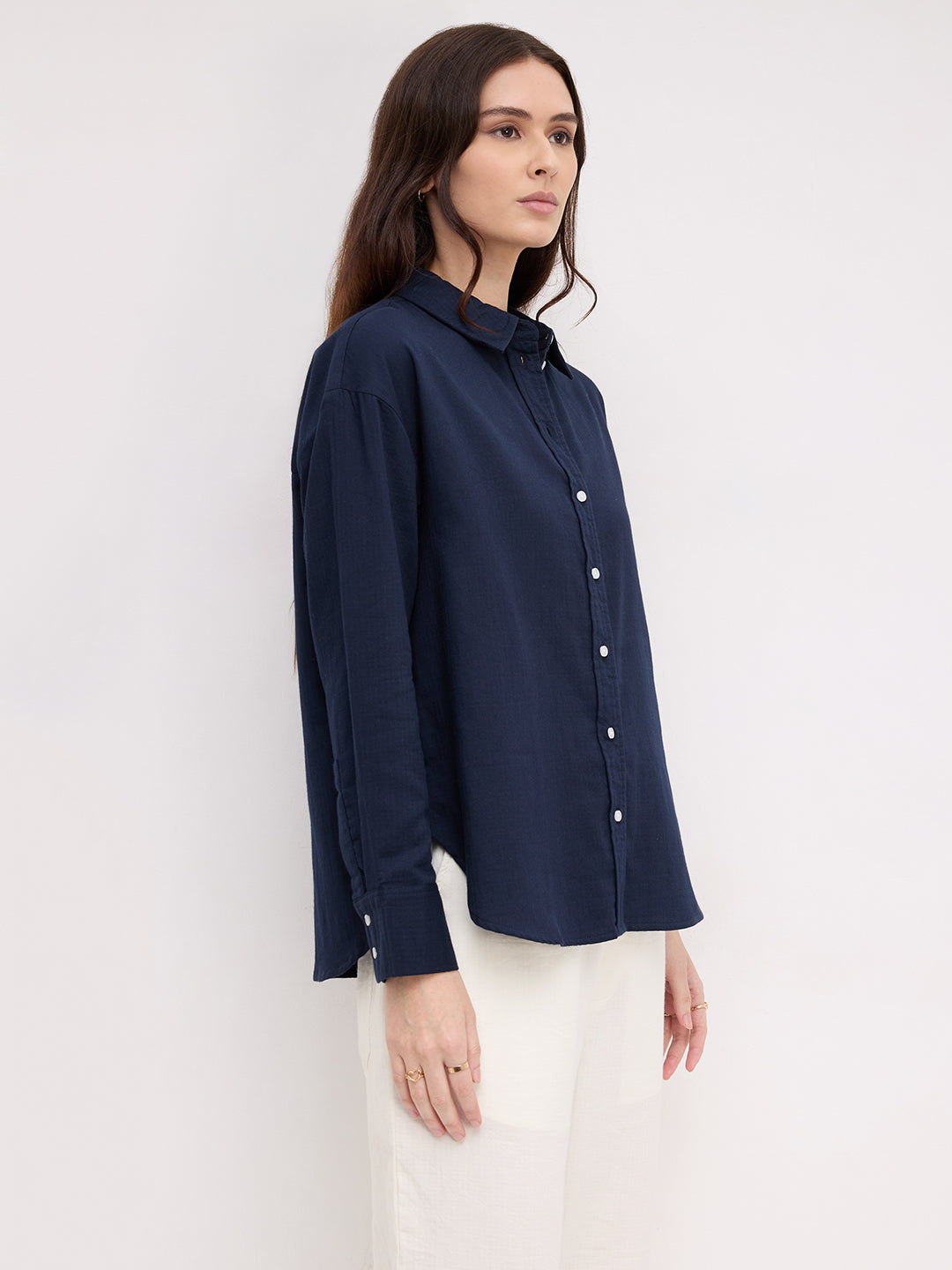 Navy Luxe Herringbone Oversized Shirt