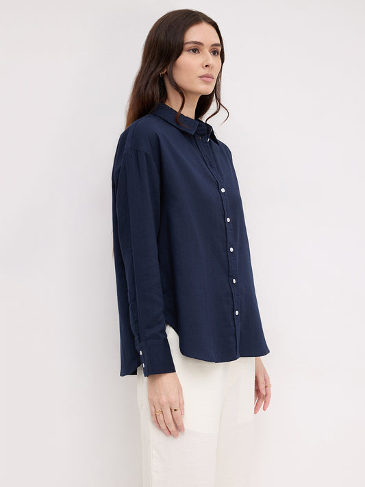 Navy Luxe Herringbone Oversized Shirt
