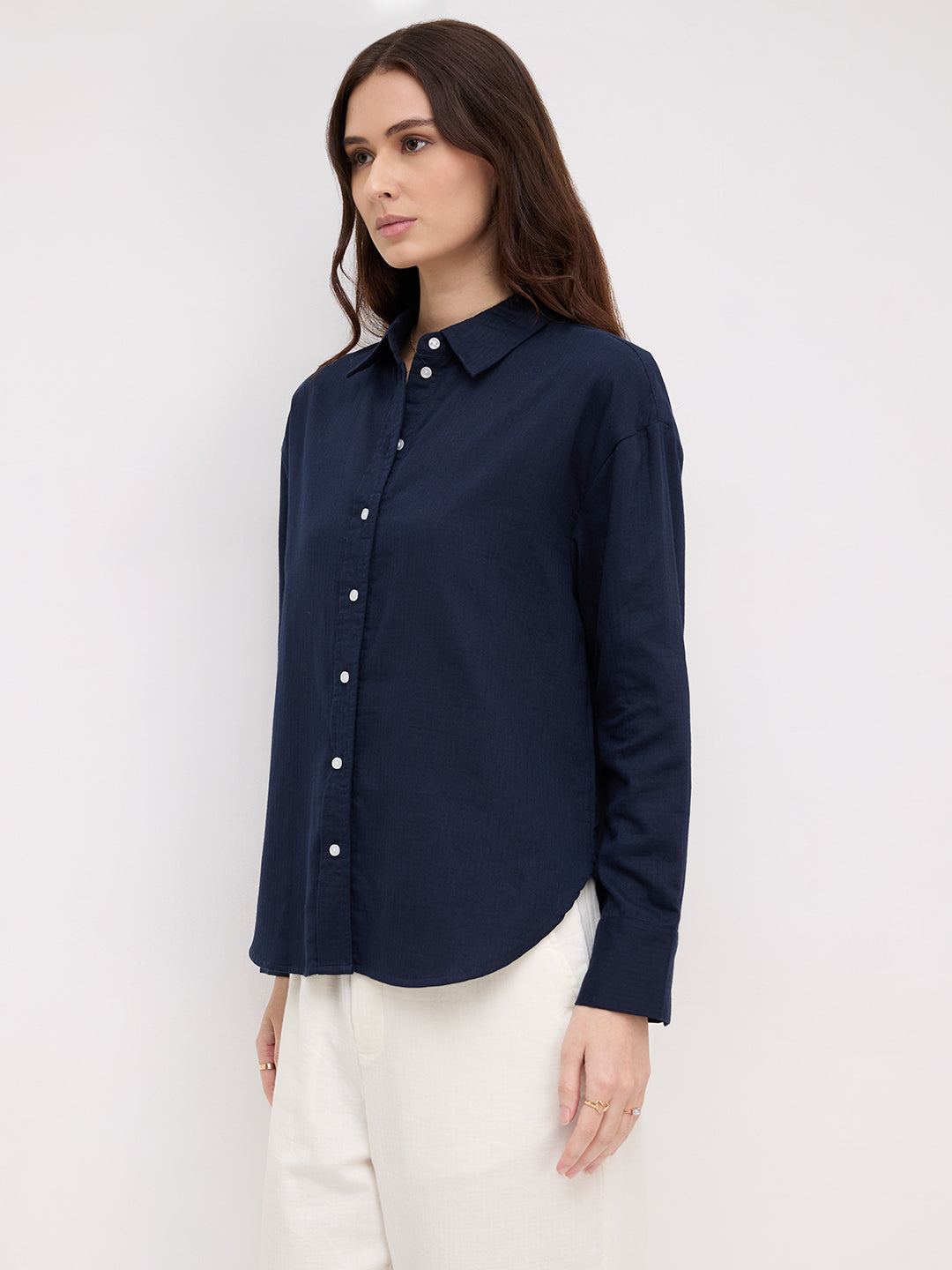 Navy Luxe Herringbone Oversized Shirt
