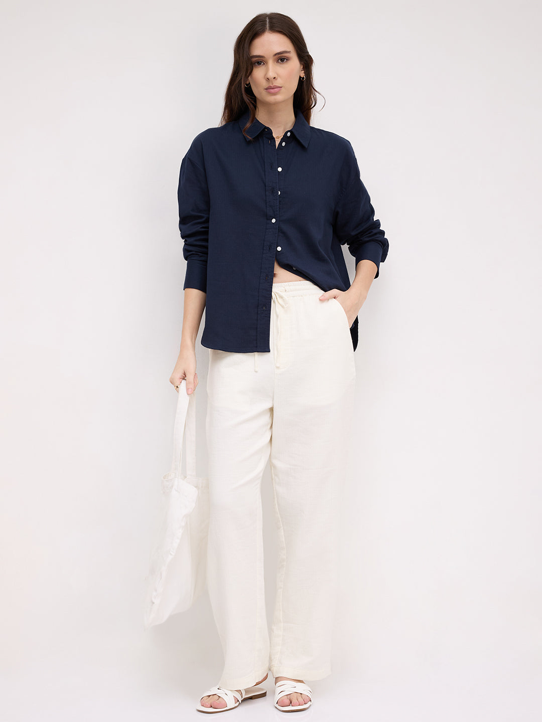 Navy Luxe Herringbone Oversized Shirt