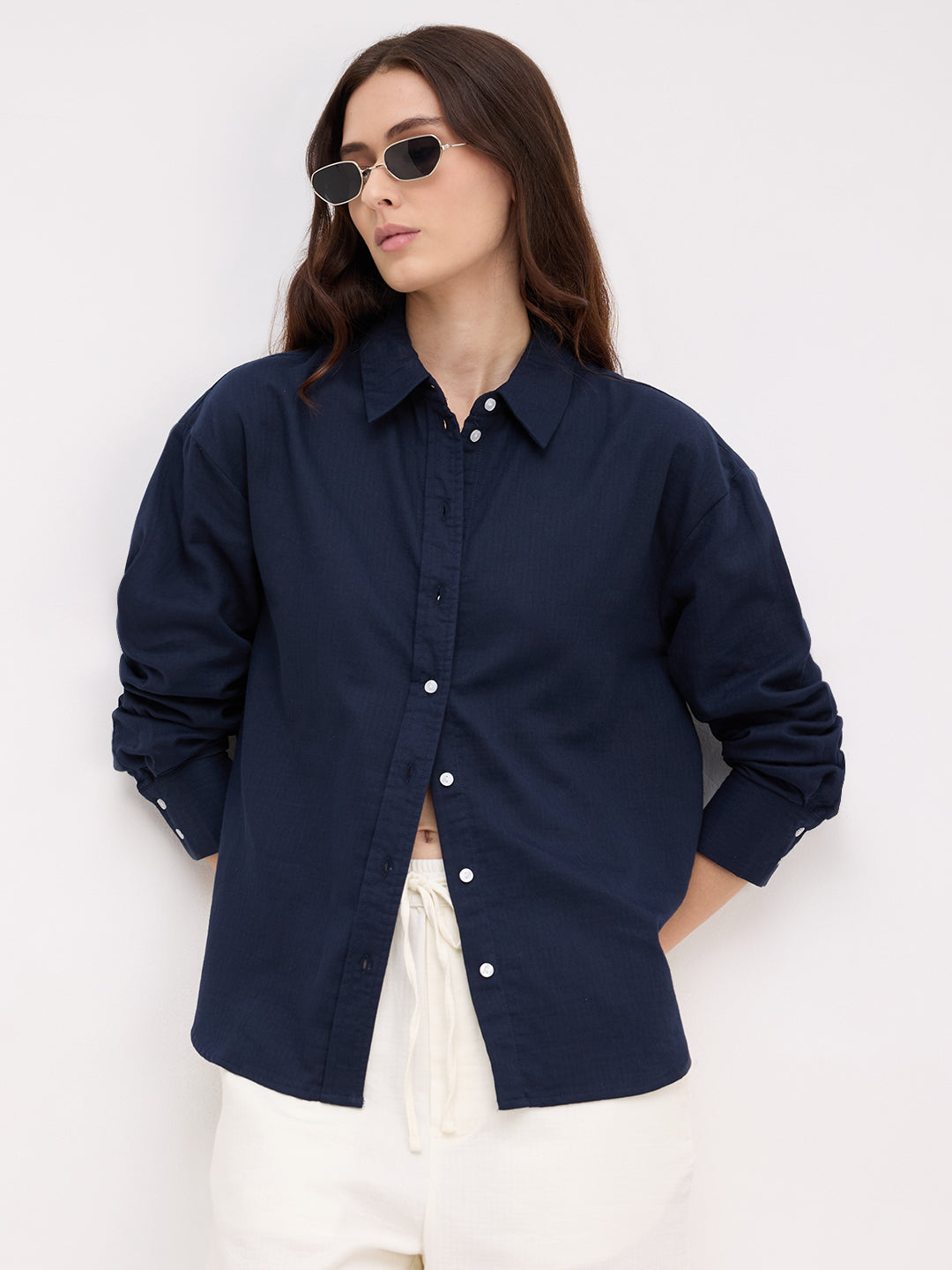 Navy Luxe Herringbone Oversized Shirt
