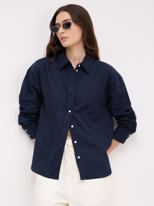 Navy Luxe Herringbone Oversized Shirt