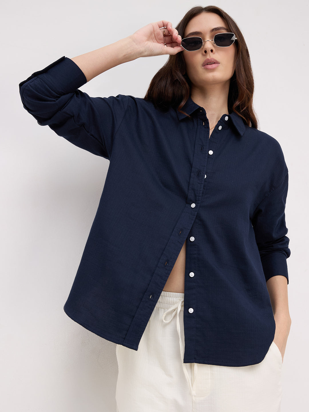Navy Luxe Herringbone Oversized Shirt