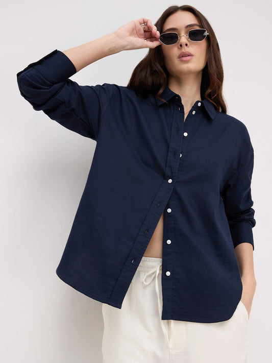 Navy Luxe Herringbone Oversized Shirt
