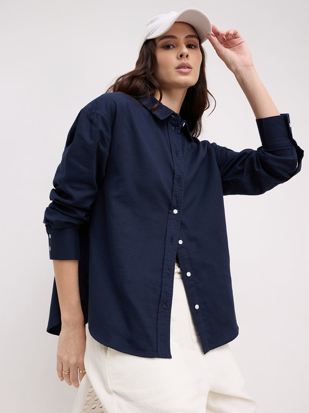 Navy Luxe Herringbone Oversized Shirt