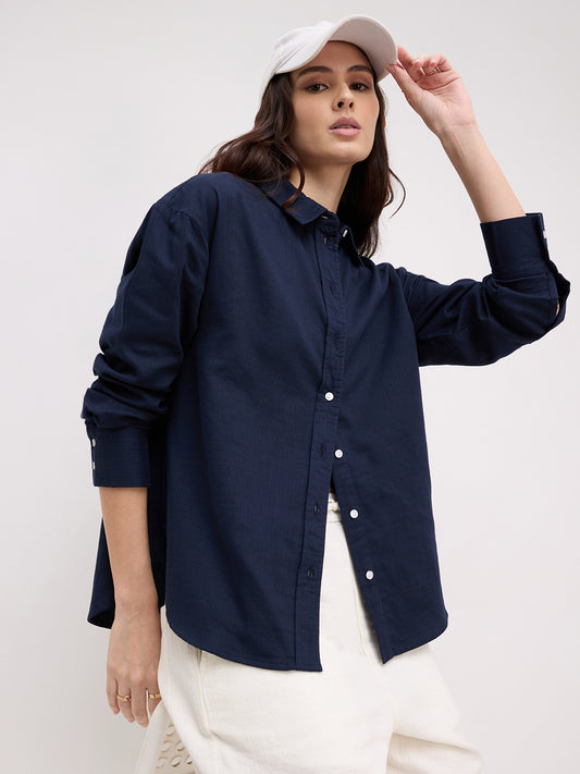 Navy Luxe Herringbone Oversized Shirt