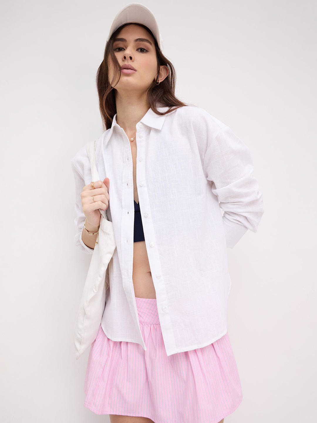 White Pixel Frost Grid Slub Oversized Shirt