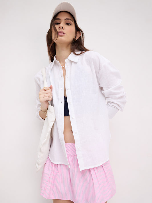 White Pixel Frost Grid Slub Oversized Shirt