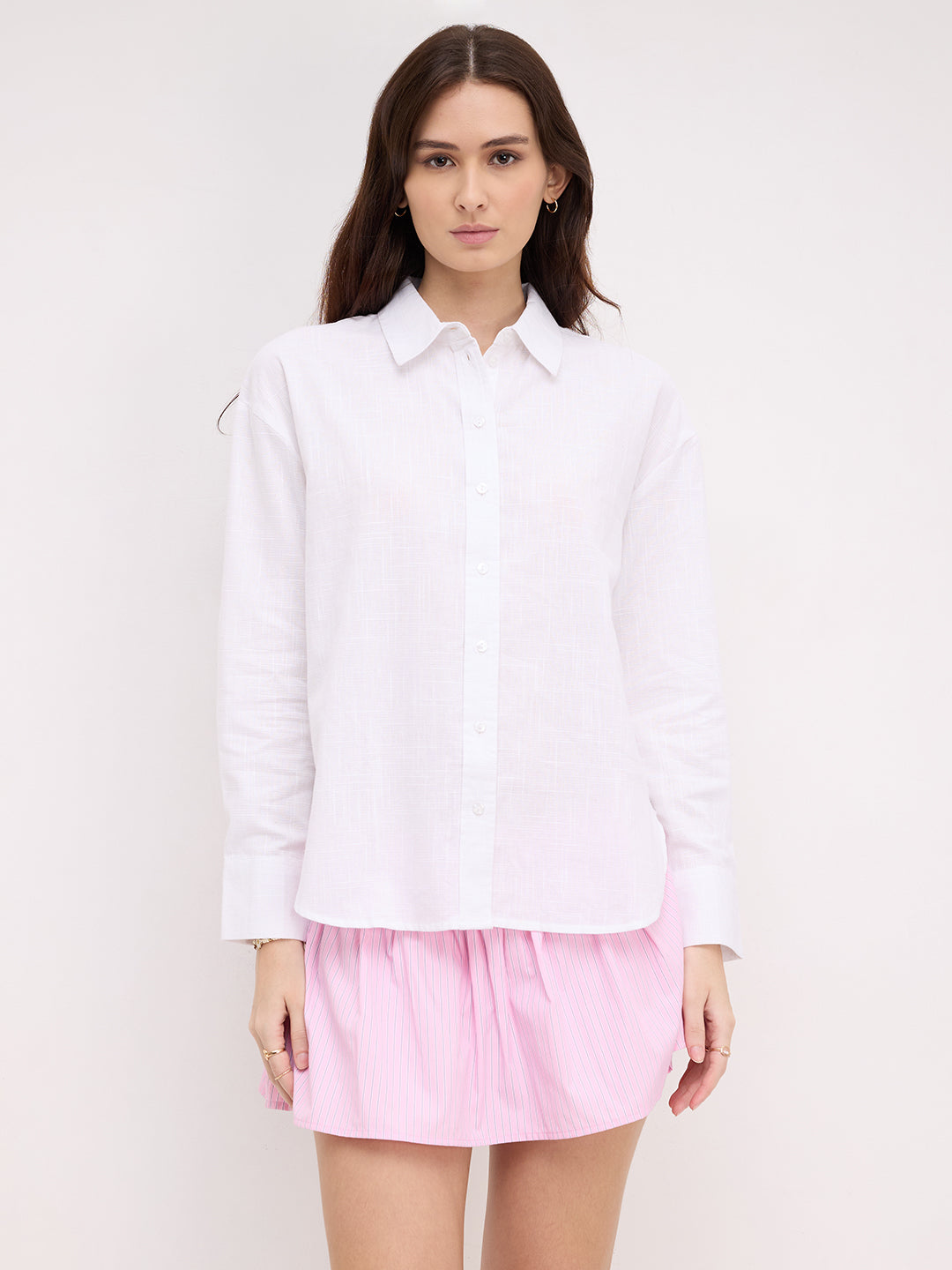 White Pixel Frost Grid Slub Oversized Shirt