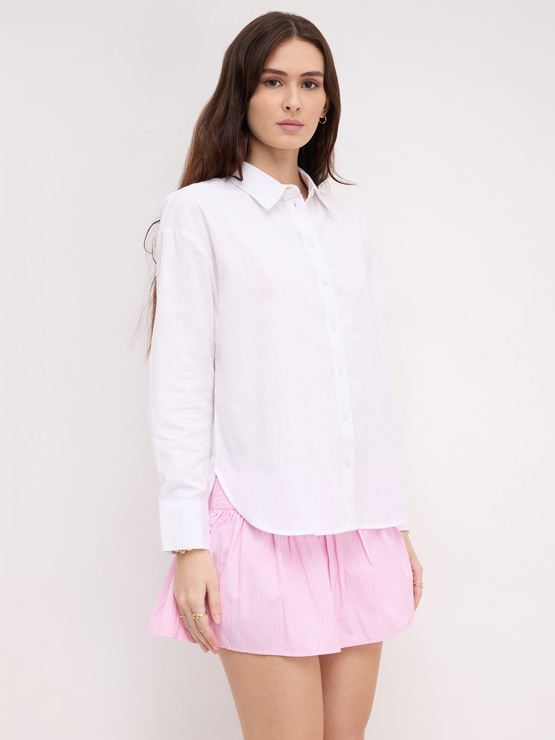 White Pixel Frost Grid Slub Oversized Shirt