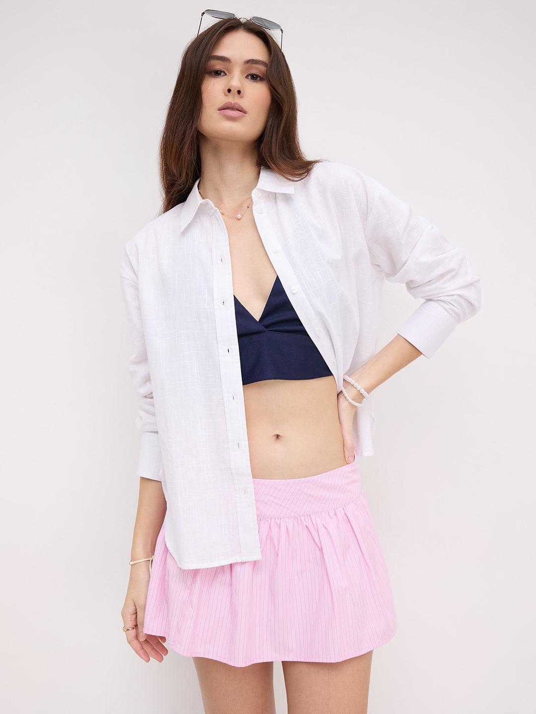 White Pixel Frost Grid Slub Oversized Shirt