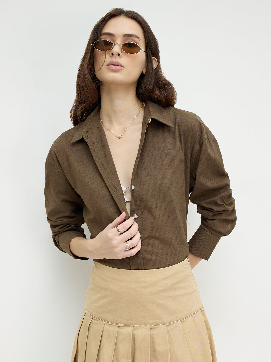 Olive Pixel Grid Slub Oversized Shirt