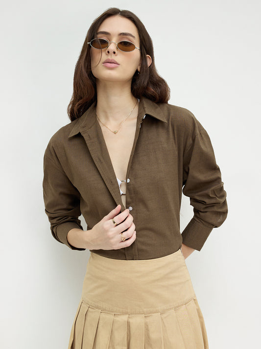 Olive Pixel Grid Slub Oversized Shirt