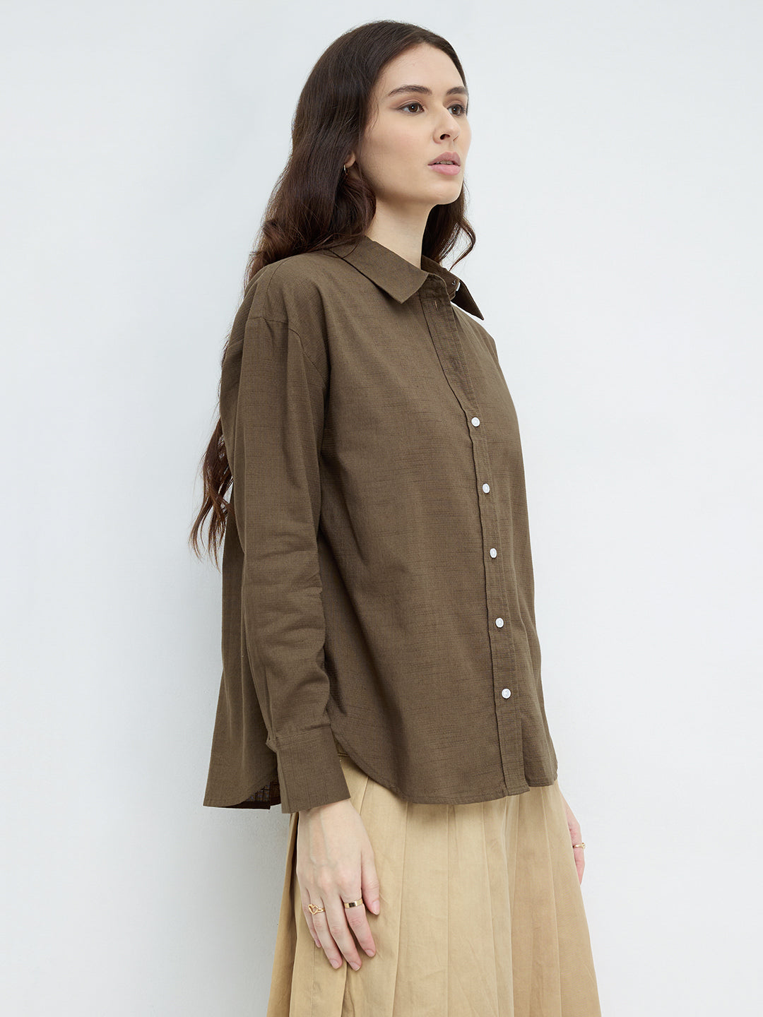 Olive Pixel Grid Slub Oversized Shirt