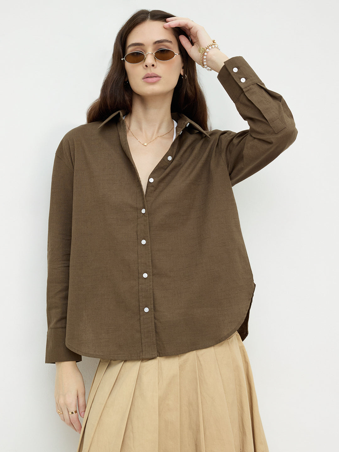 Olive Pixel Grid Slub Oversized Shirt