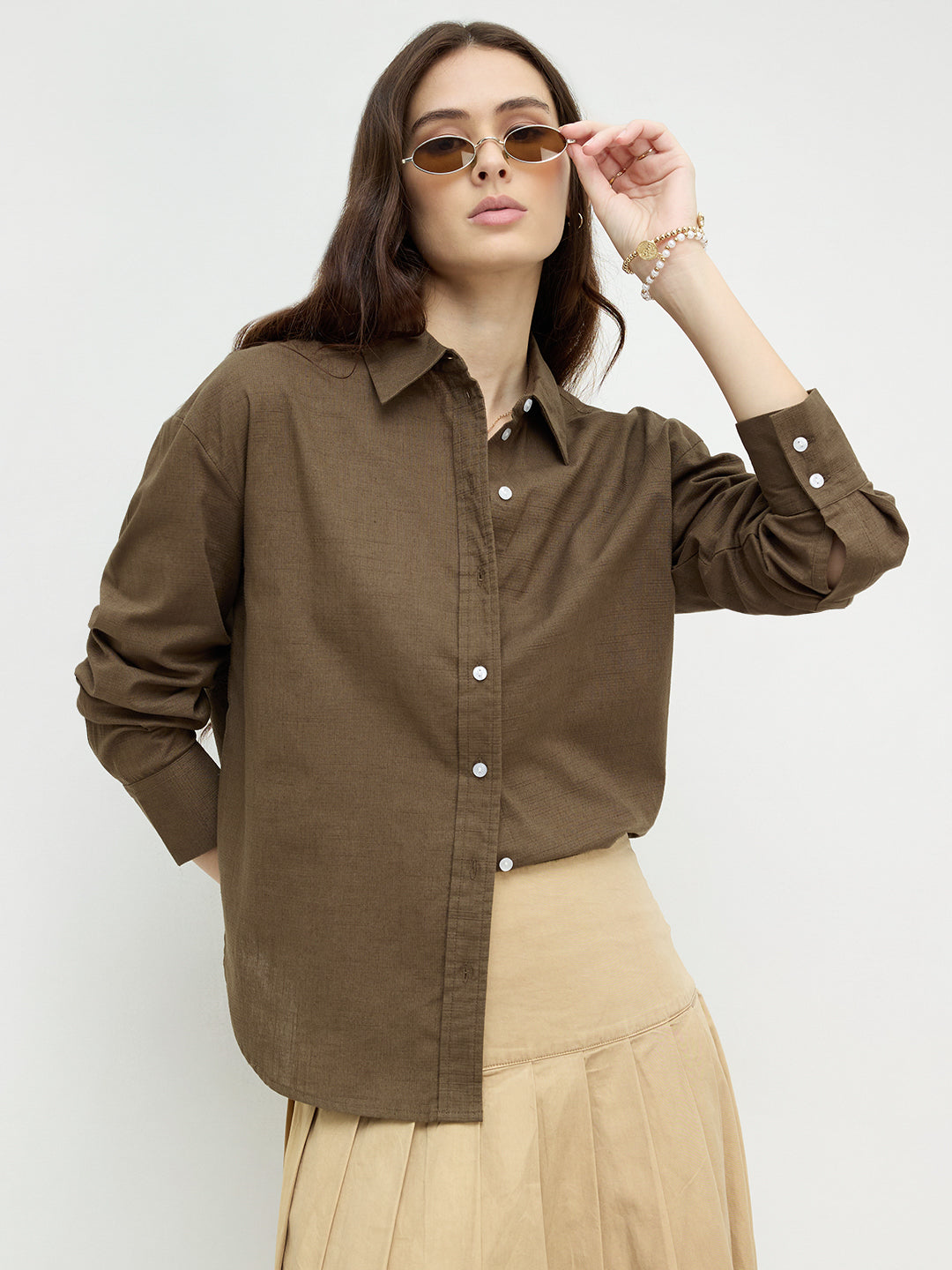 Olive Pixel Grid Slub Oversized Shirt