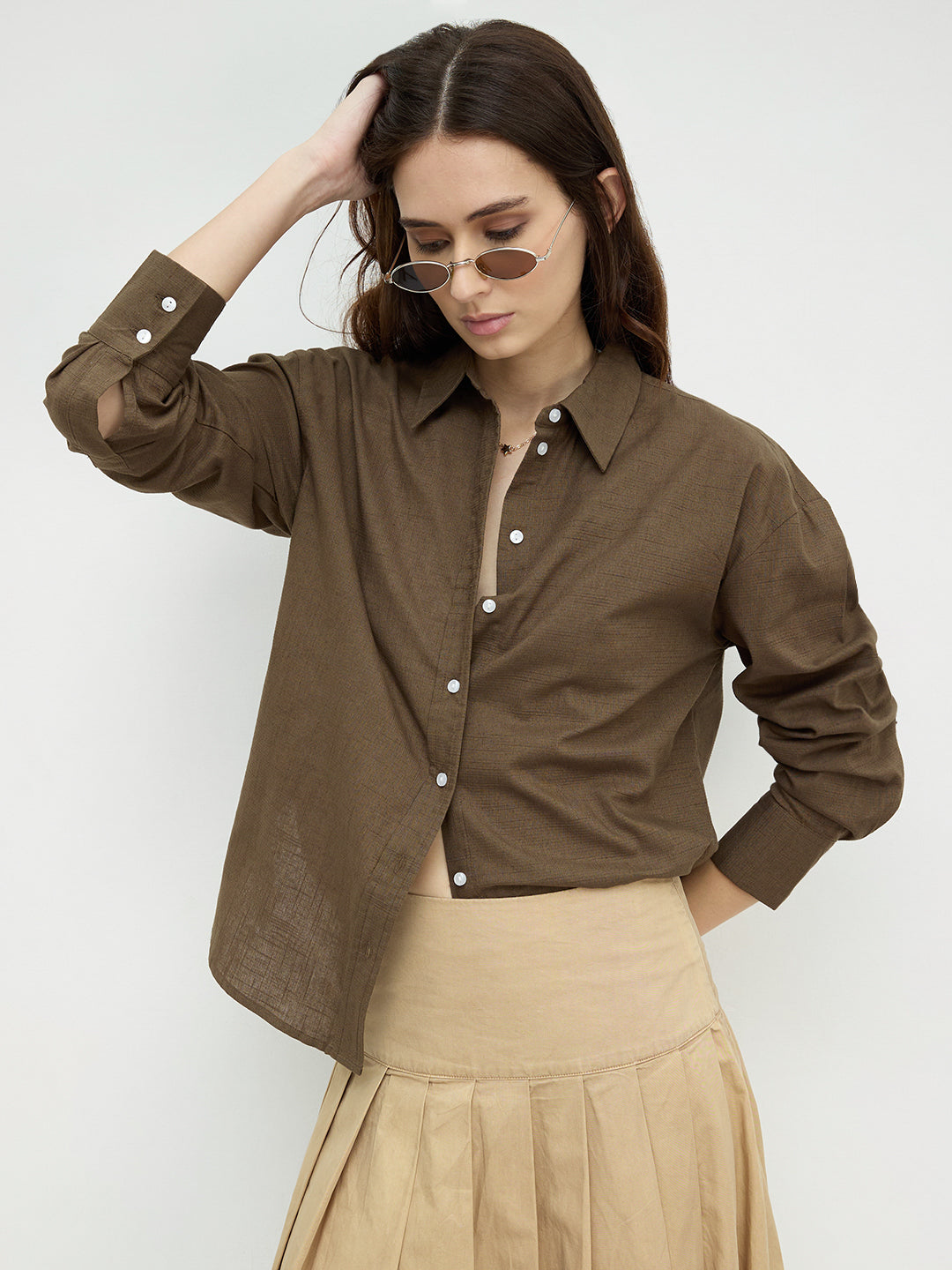 Olive Pixel Grid Slub Oversized Shirt
