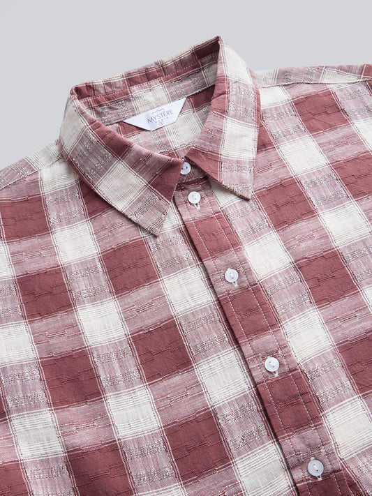 Rustic Maroon & Off-White Heritage Textured Checks Oversized Shirt
