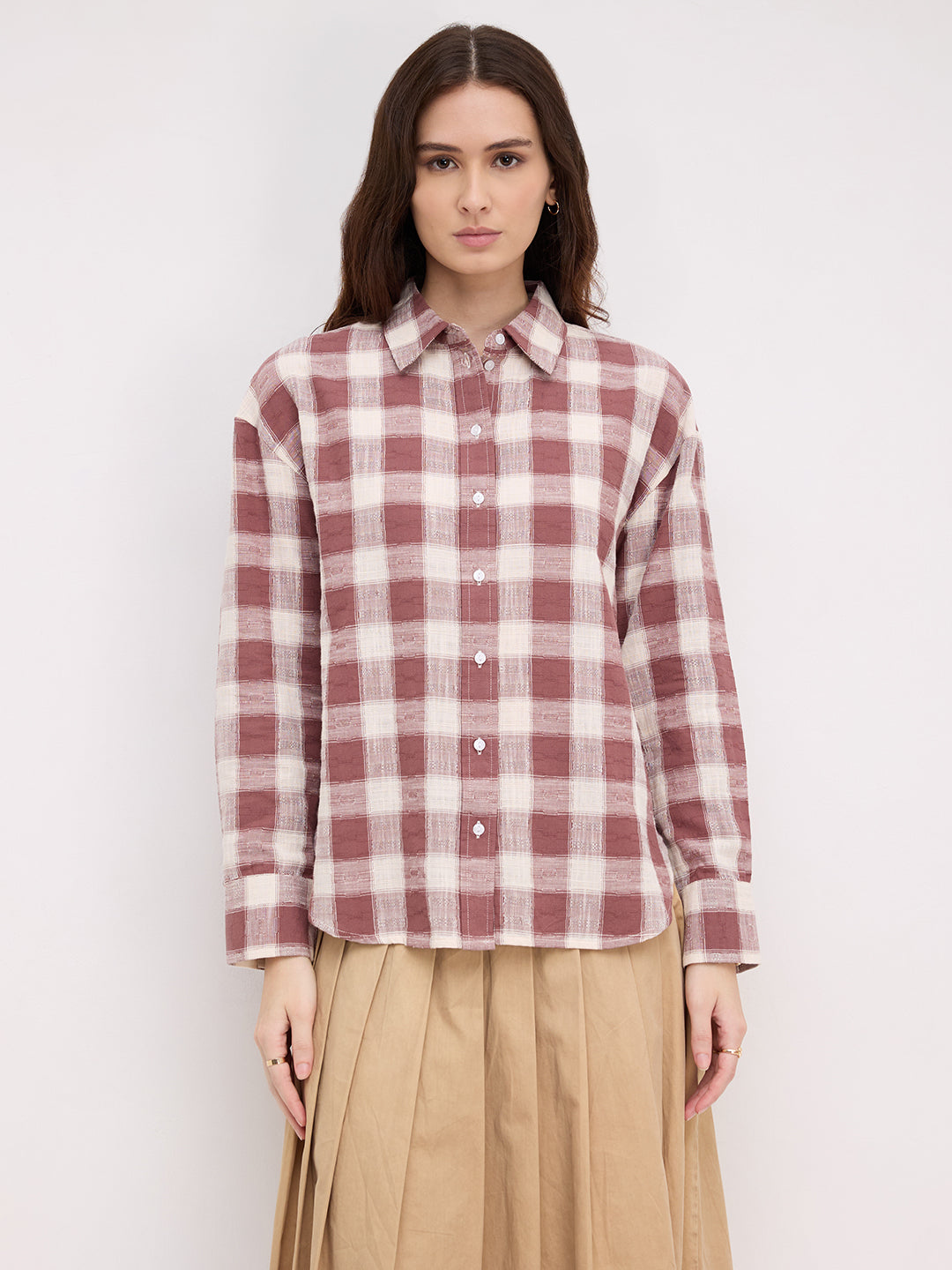Rustic Maroon & Off-White Heritage Textured Checks Oversized Shirt