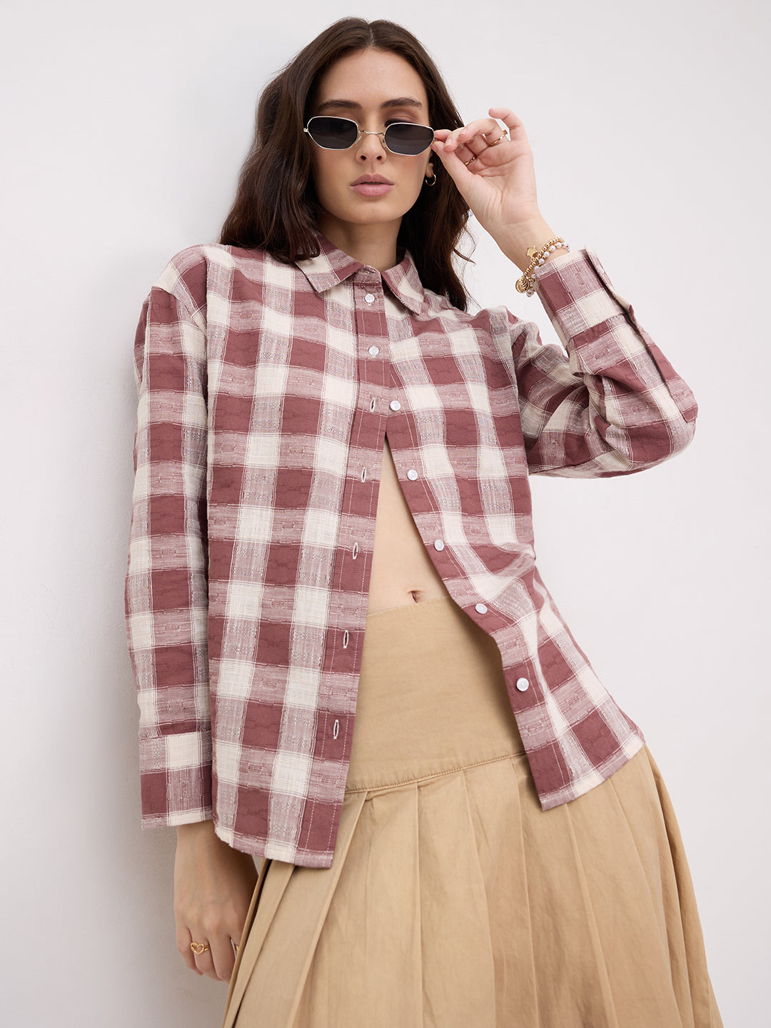 Rustic Maroon & Off-White Heritage Textured Checks Oversized Shirt