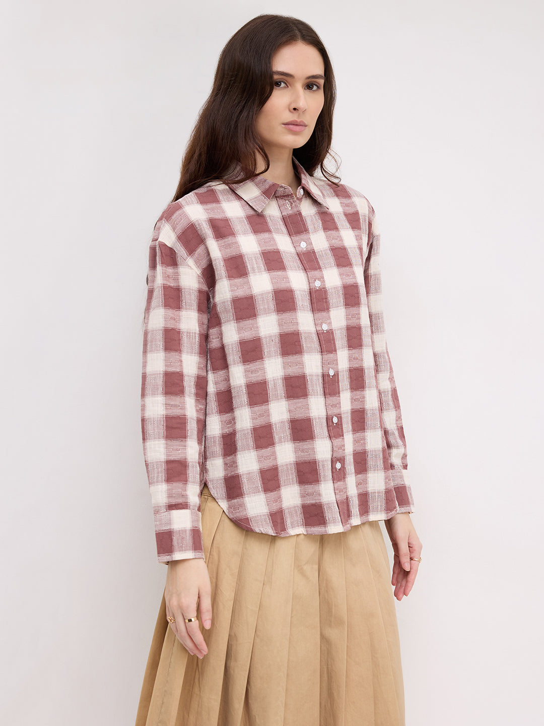 Rustic Maroon & Off-White Heritage Textured Checks Oversized Shirt