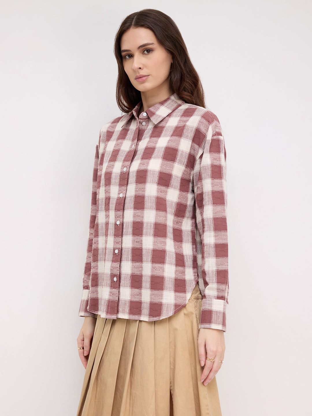Rustic Maroon & Off-White Heritage Textured Checks Oversized Shirt