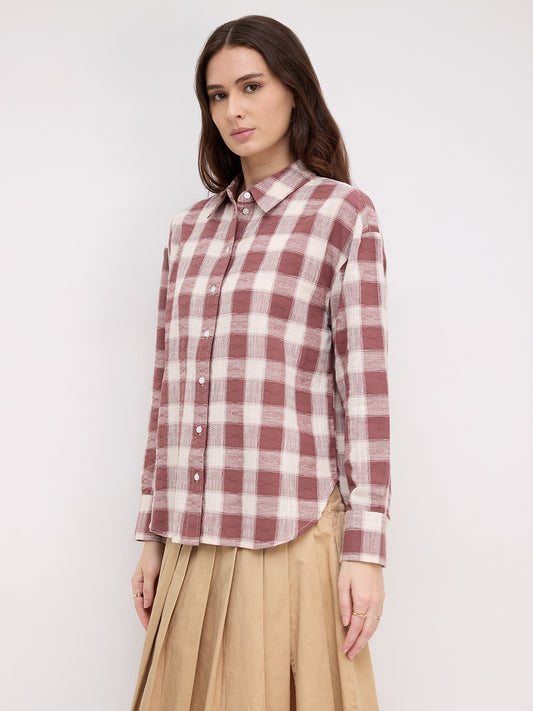 Rustic Maroon & Off-White Heritage Textured Checks Oversized Shirt