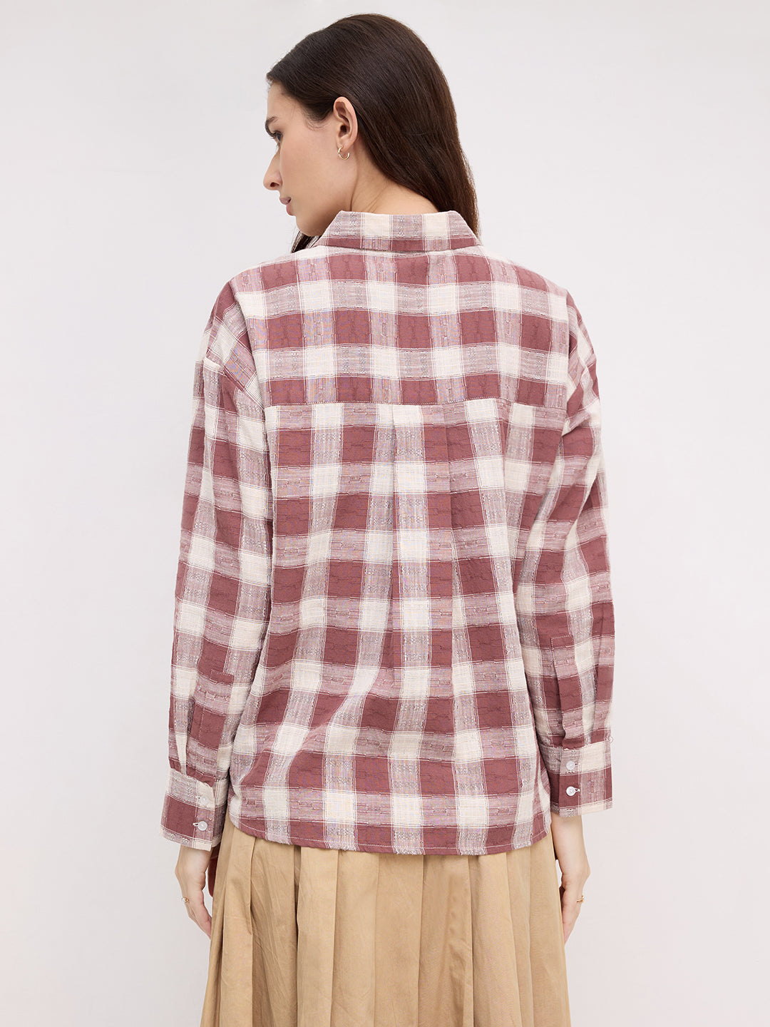 Rustic Maroon & Off-White Heritage Textured Checks Oversized Shirt