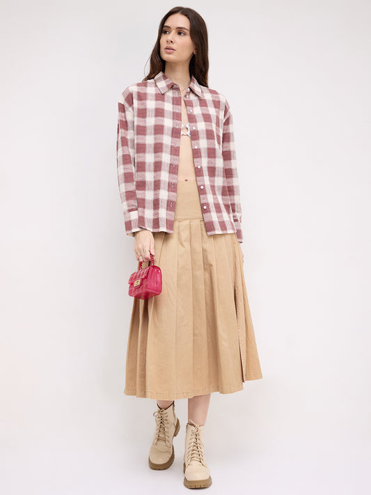 Rustic Maroon & Off-White Heritage Textured Checks Oversized Shirt