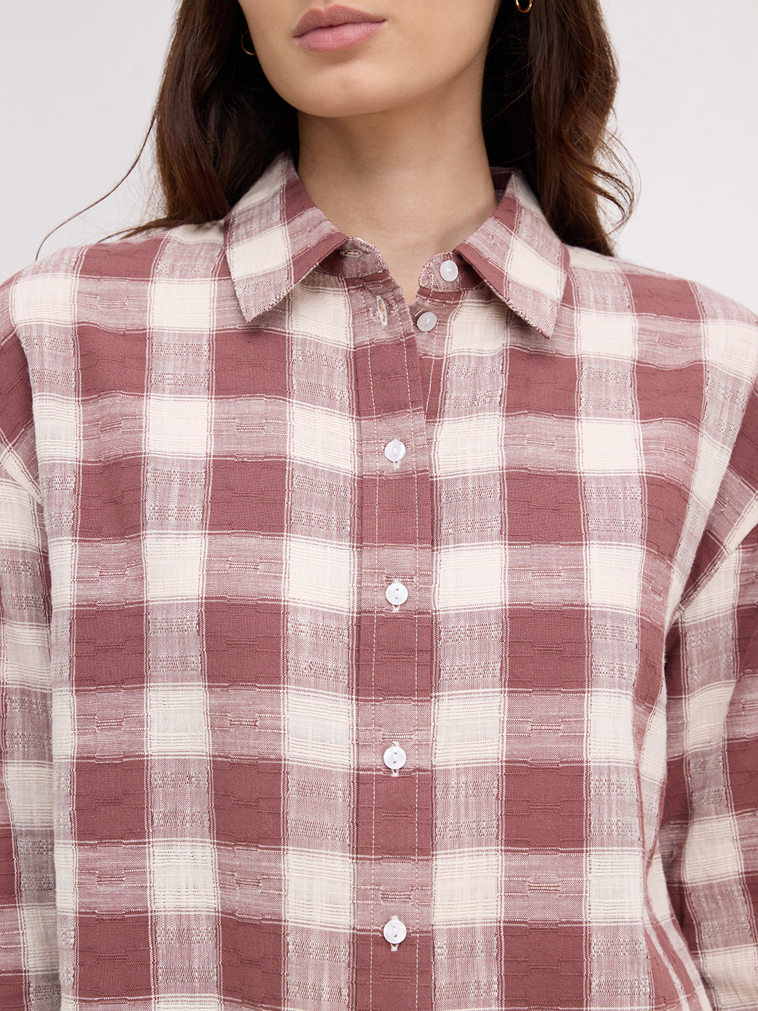 Rustic Maroon & Off-White Heritage Textured Checks Oversized Shirt