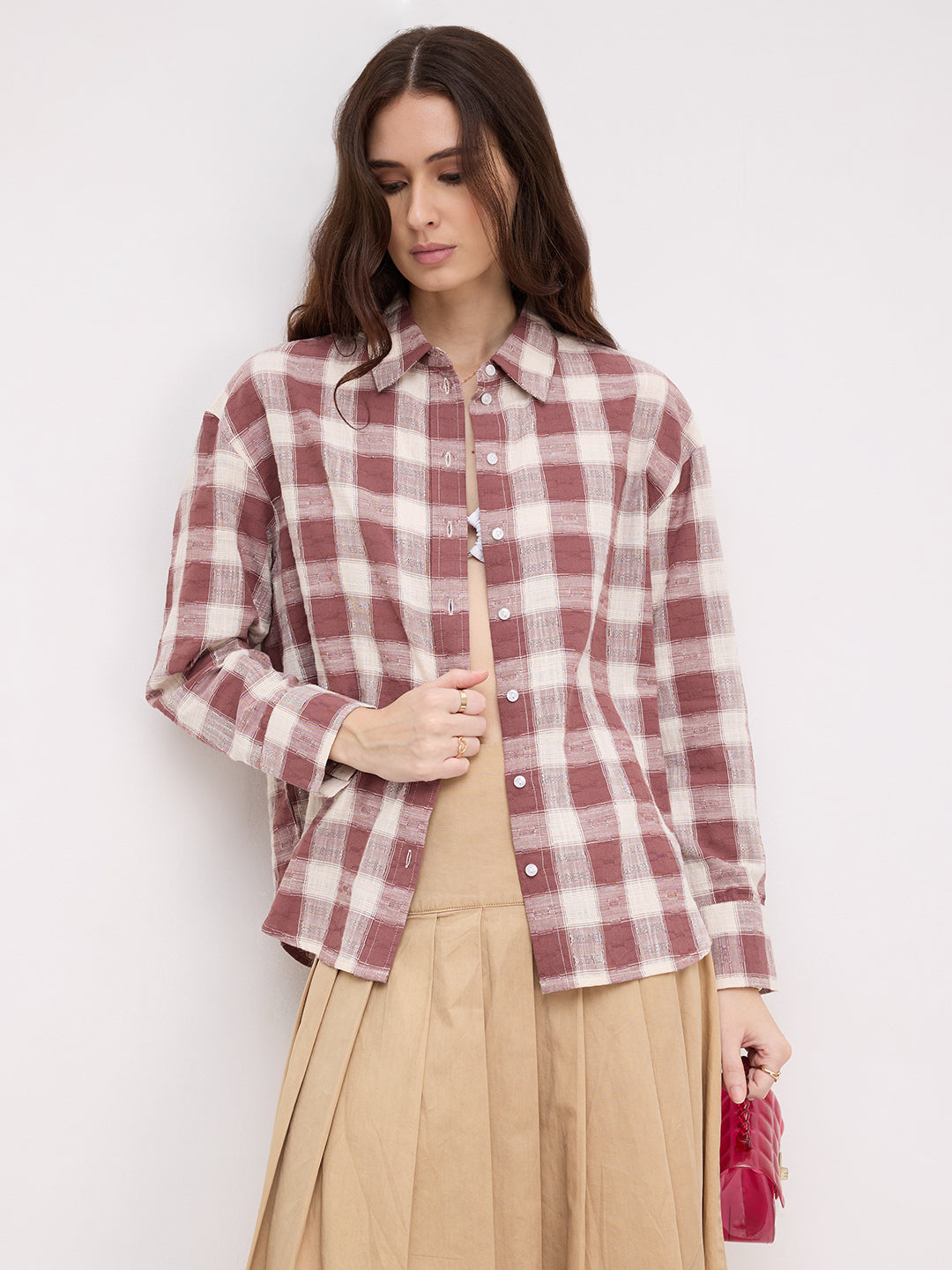 Rustic Maroon & Off-White Heritage Textured Checks Oversized Shirt