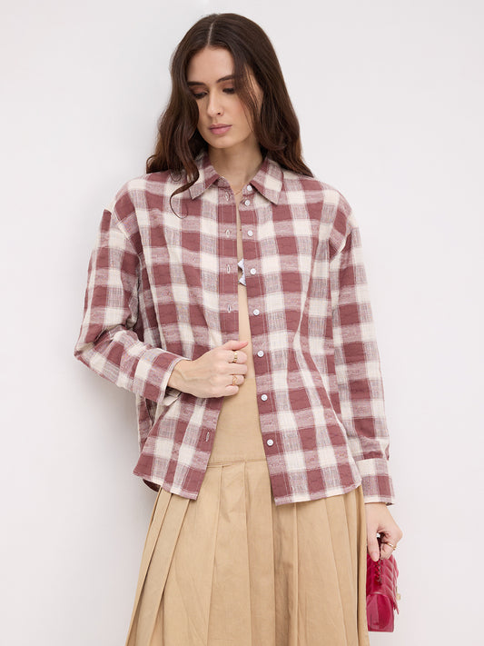 Rustic Maroon & Off-White Heritage Textured Checks Oversized Shirt