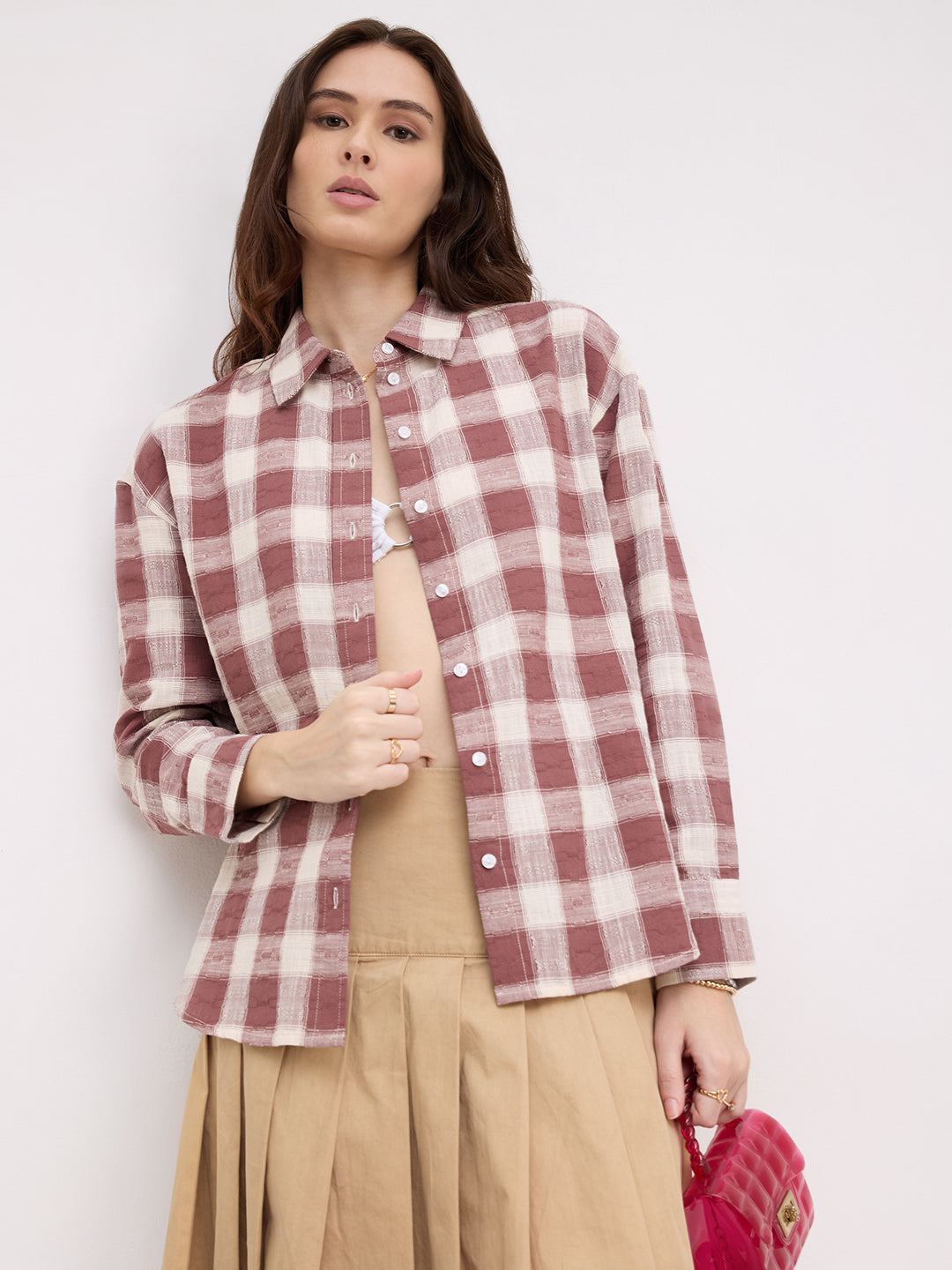 Rustic Maroon & Off-White Heritage Textured Checks Oversized Shirt