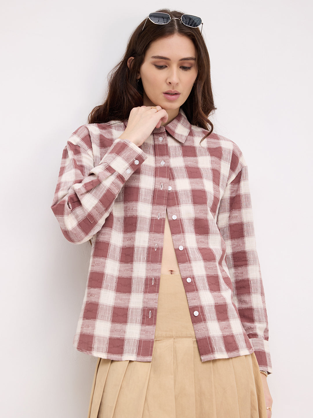 Rustic Maroon & Off-White Heritage Textured Checks Oversized Shirt