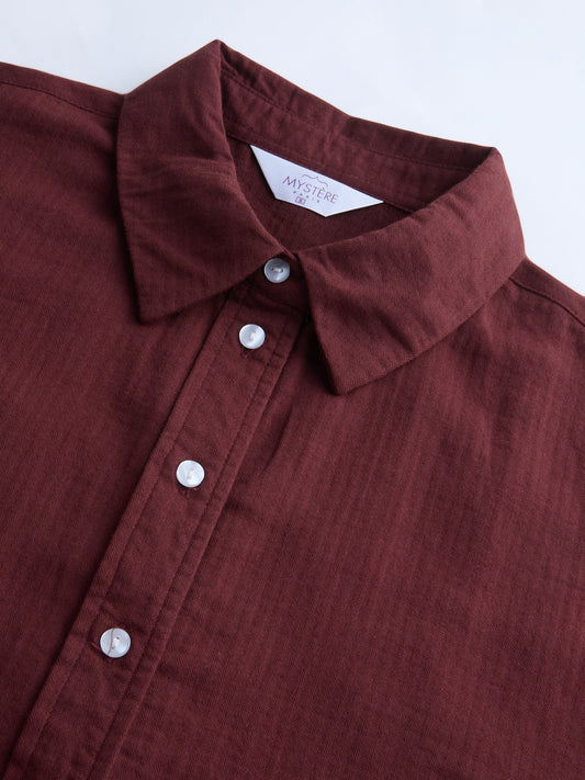 Rosewood Maroon Herringbone Textured Oversized Shirt