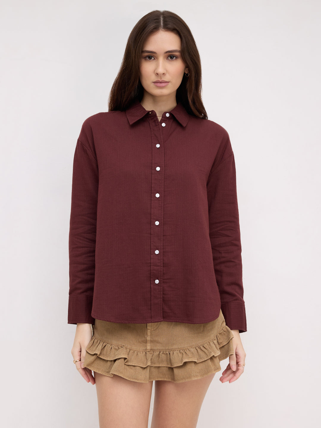 Rosewood Maroon Herringbone Textured Oversized Shirt