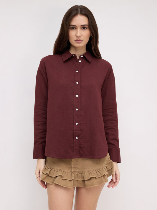 Rosewood Maroon Herringbone Textured Oversized Shirt