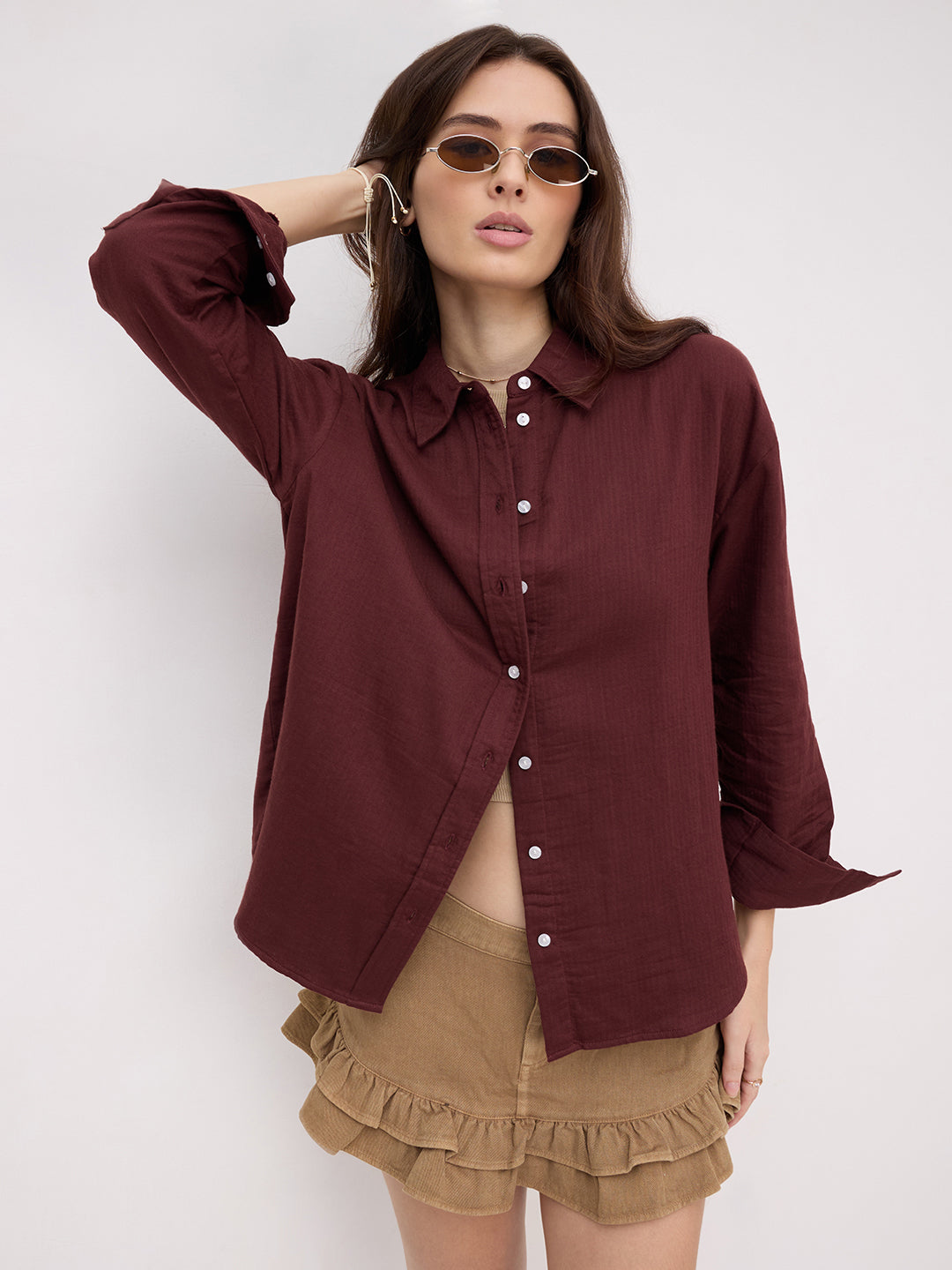 Rosewood Maroon Herringbone Textured Oversized Shirt