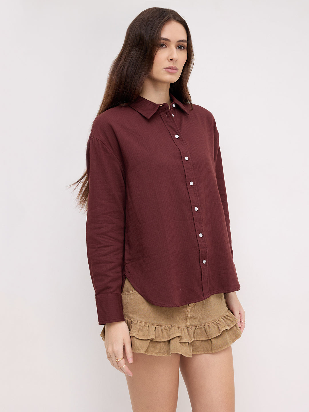 Rosewood Maroon Herringbone Textured Oversized Shirt