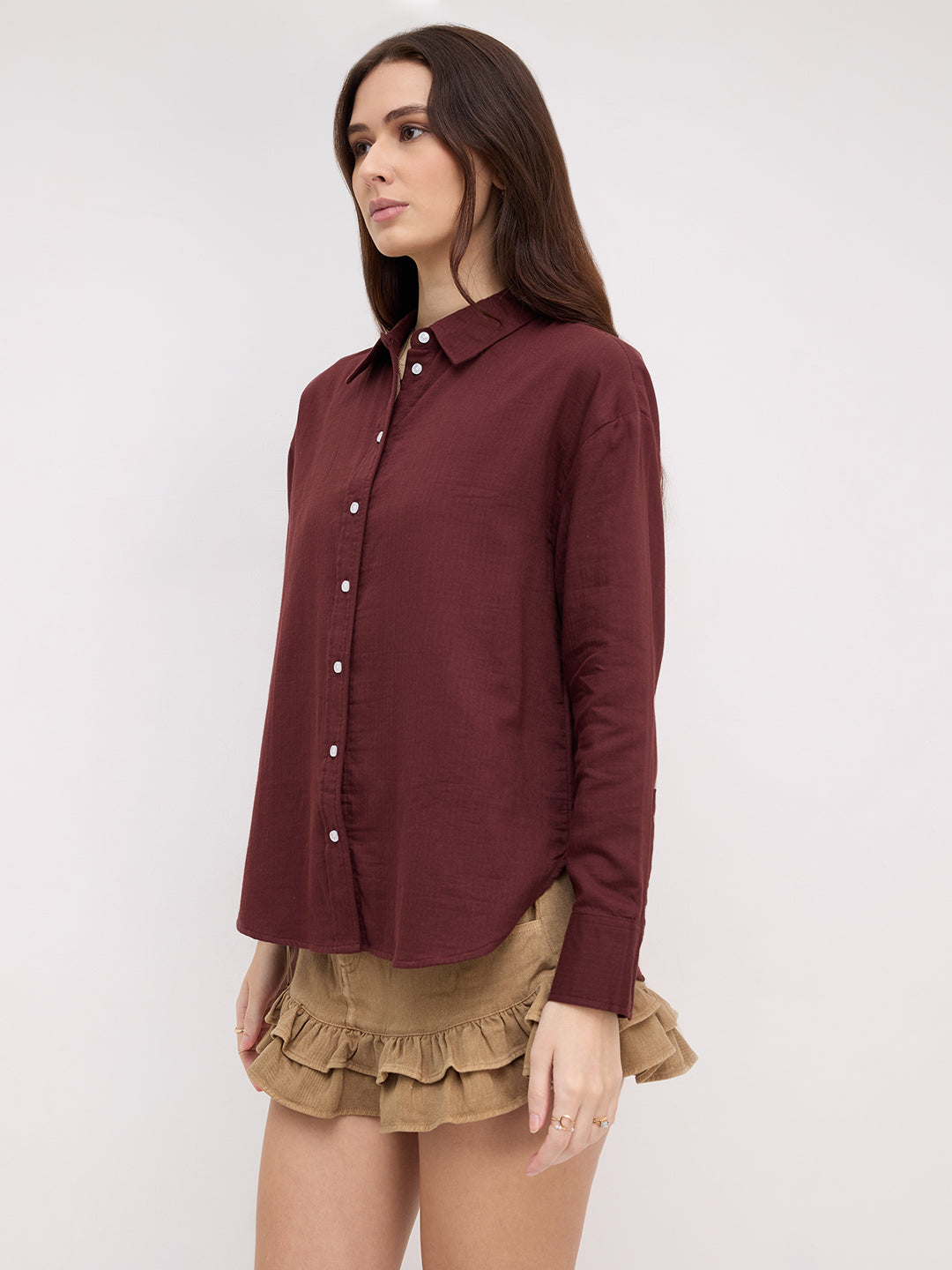 Rosewood Maroon Herringbone Textured Oversized Shirt