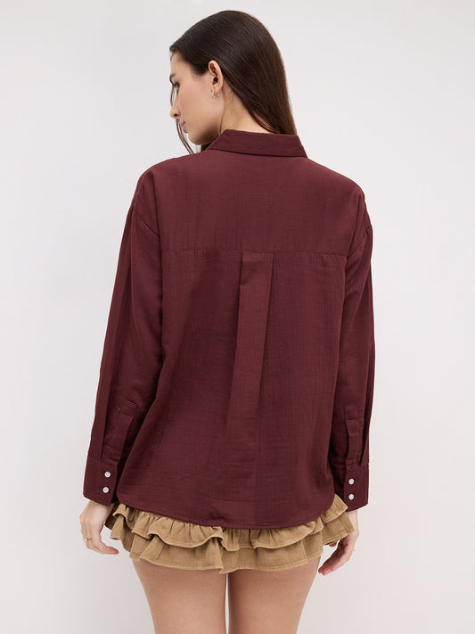 Rosewood Maroon Herringbone Textured Oversized Shirt